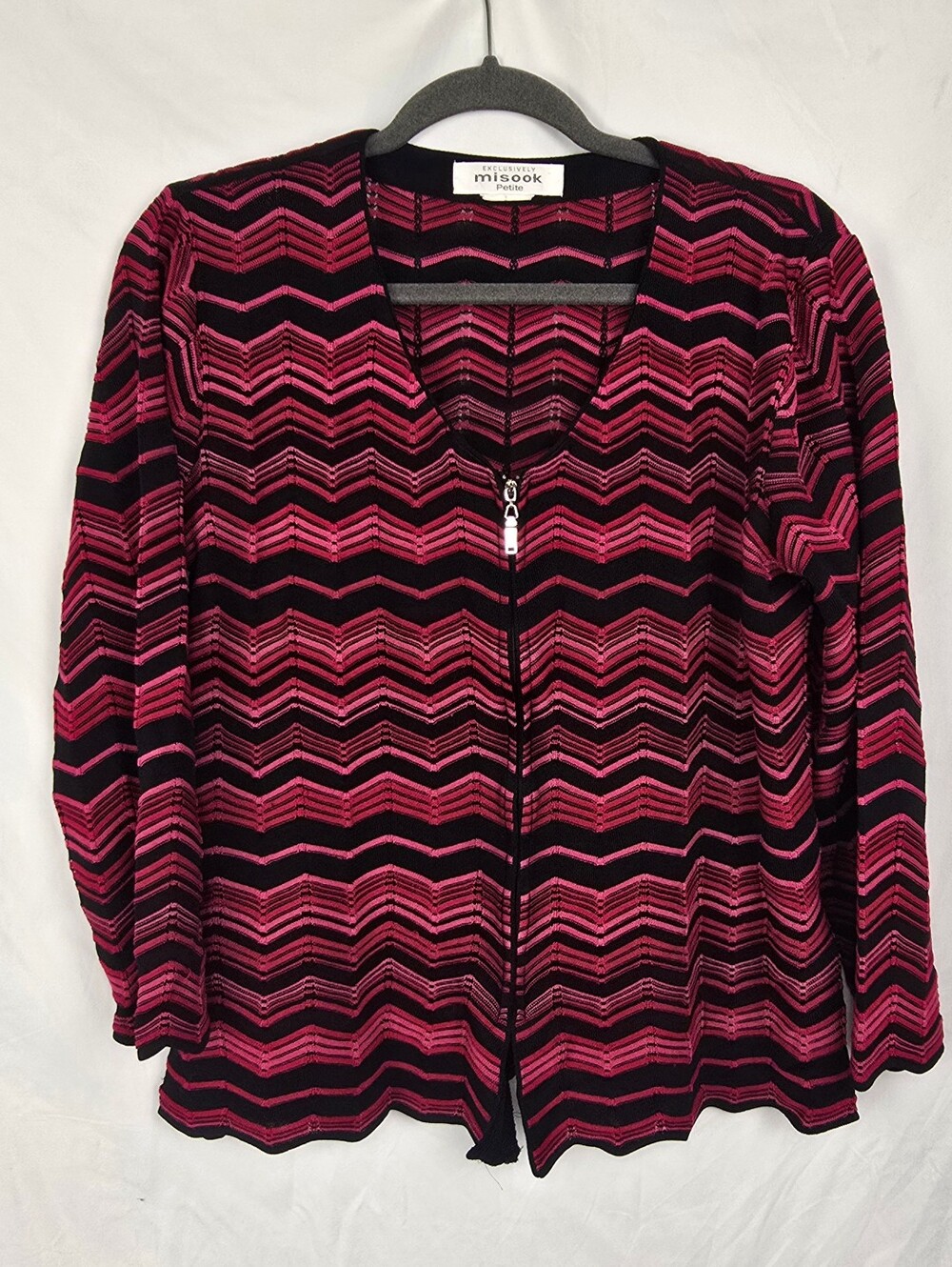 Exclusively Misook Red Pink Zipped Sweater Blazer Knit Cardigan sz L Petite